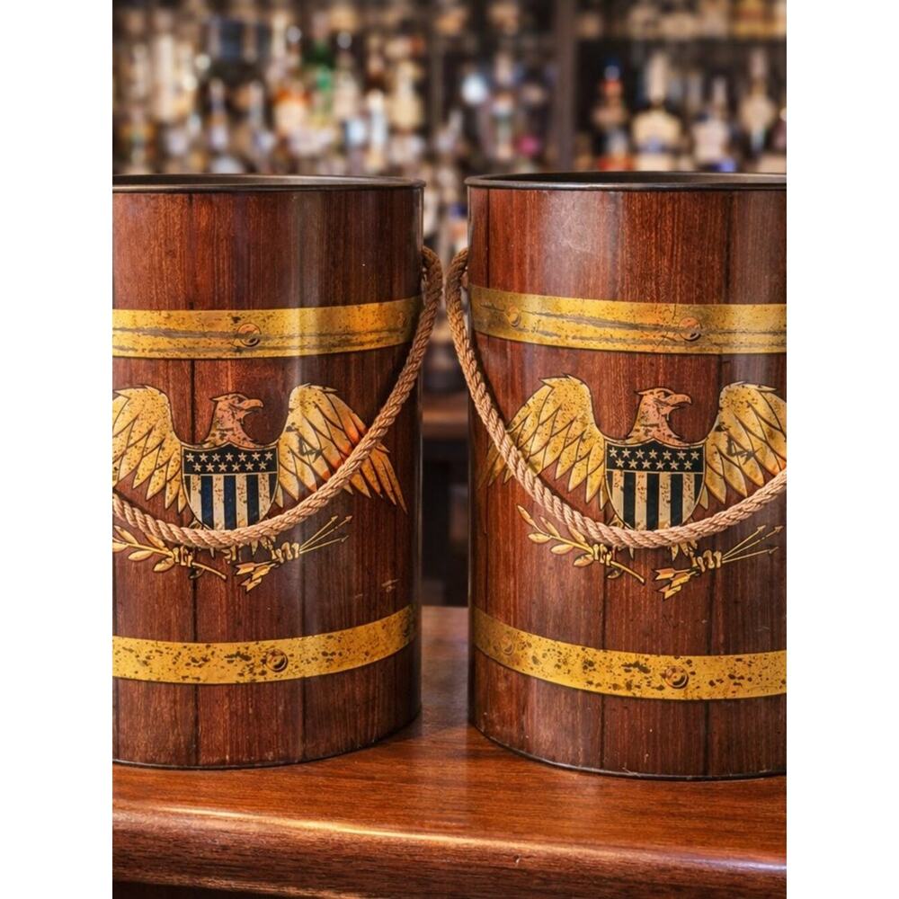 Pair Vintage 1969 Patriotic Eagle Metal Insulated Ice Buckets Coolers Barware US